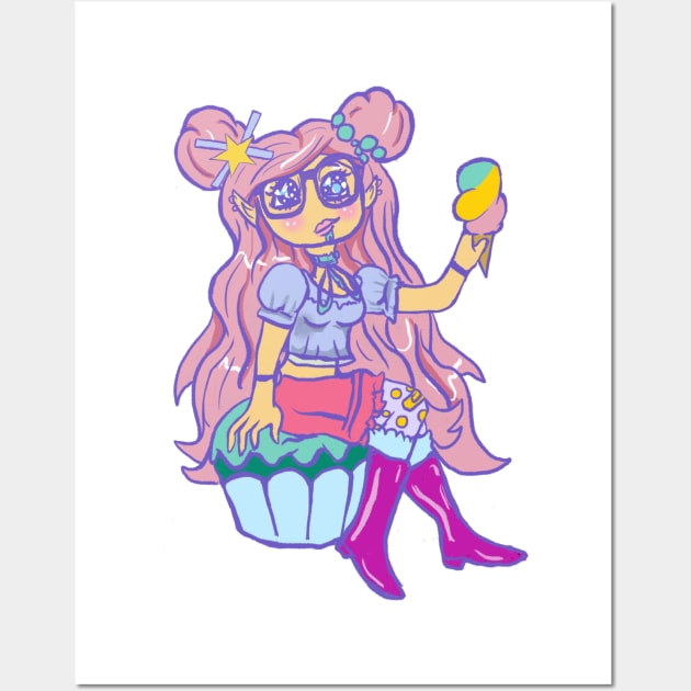 Kawaii Chibi Pastel Girl Sitting On Cupcake Eating Ice Cream Wall Art by LunaElizabeth